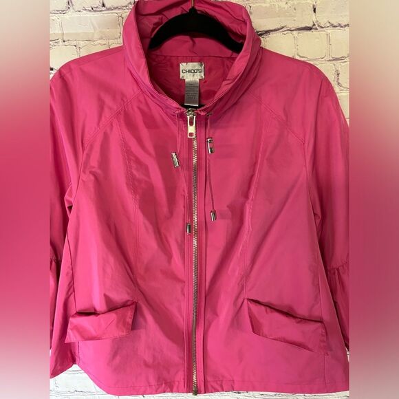 Chico’s (2) Raspberry Pink Cropped Barbiecore Zip Up Funnel Neck Jacket Size L - Picture 3 of 10